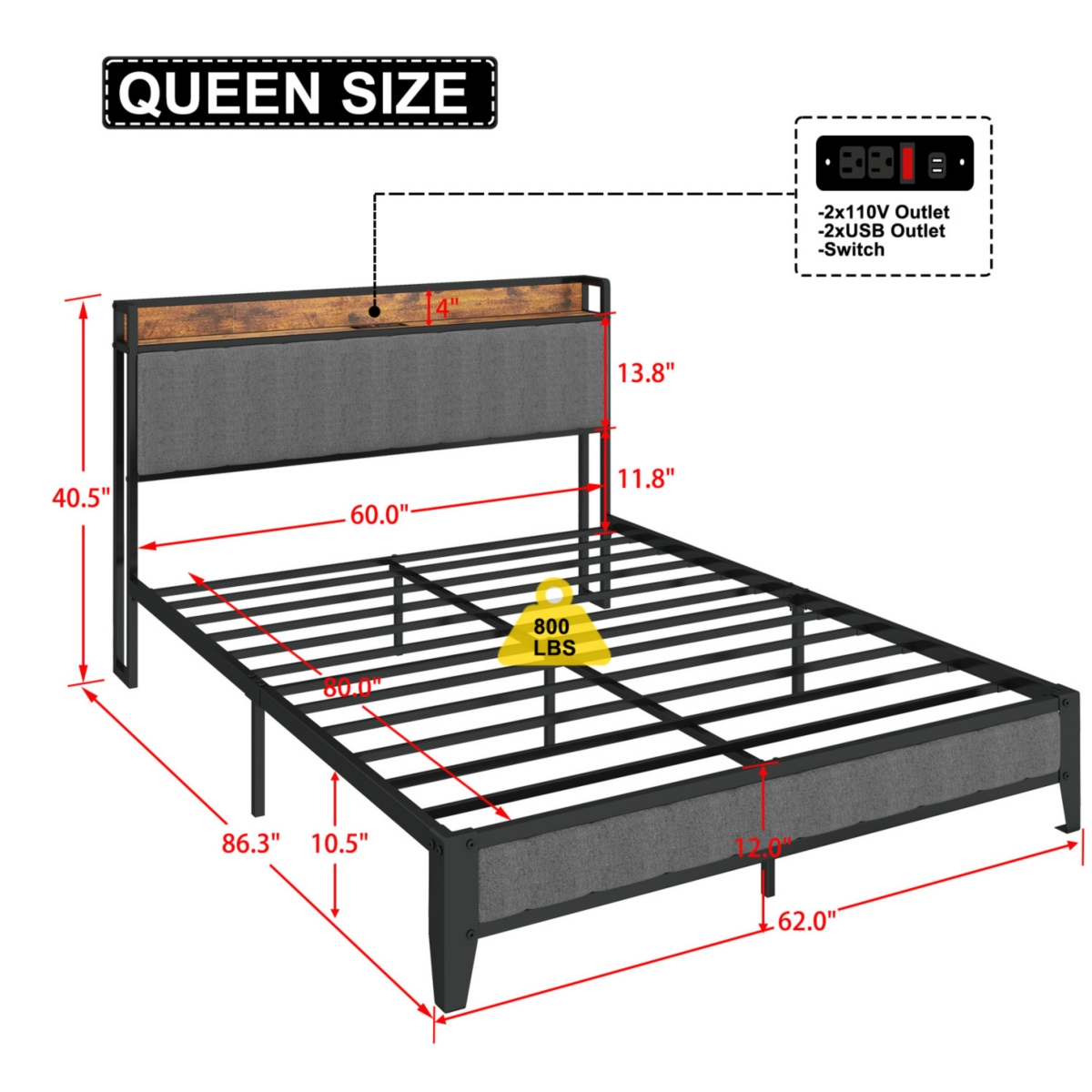 Streamdale Furniture Size Bed Frame With Charging Station, Upholstered Headboard, Metal Platform, Grey