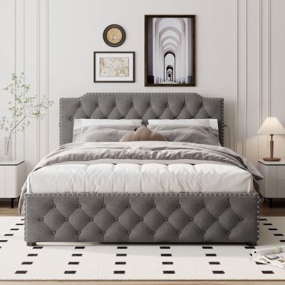 Streamdale Gray Upholstered Queen Platform Bed with Trundle & USB Ports