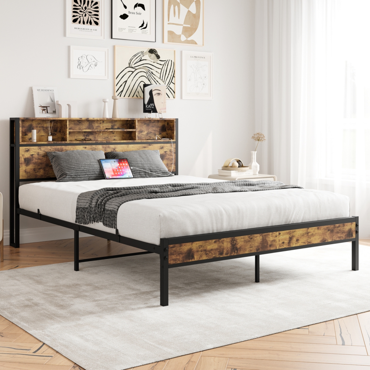 Simplie Fun Queen Bed Frame with Storage Headboard and Charging Station