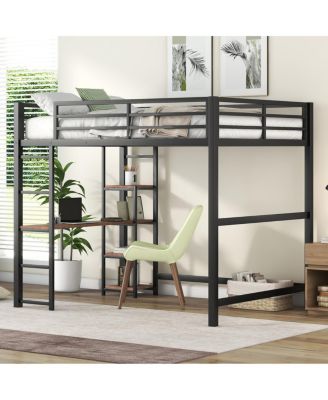Full Size Metal Loft Bed With Built-In Desk And Storage Shelves