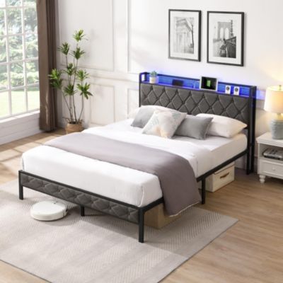 Streamdale Upholstered Queen Bed Frame with Storage and LED Lights