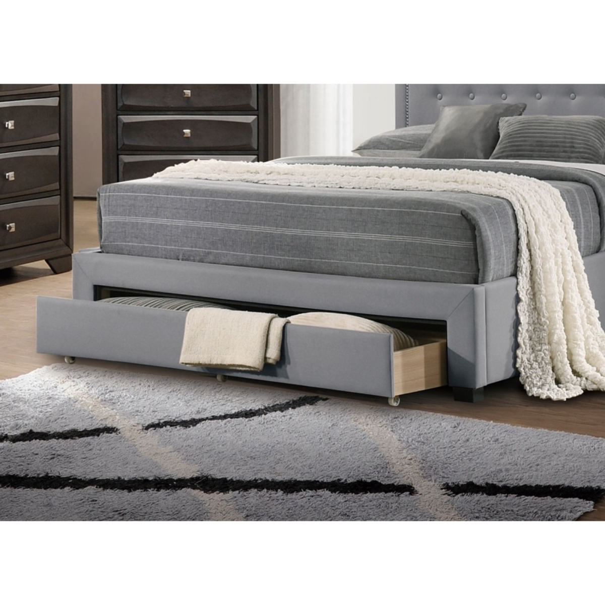 Streamdale Light Grey Twin Bed with Drawer Storage & Button Tufted Headboard