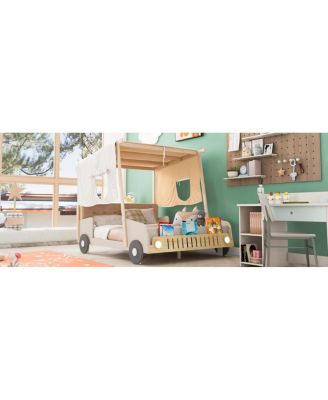 Streamdale Wood Full Size Car Bed With Pillow, Ceiling Cloth And LED