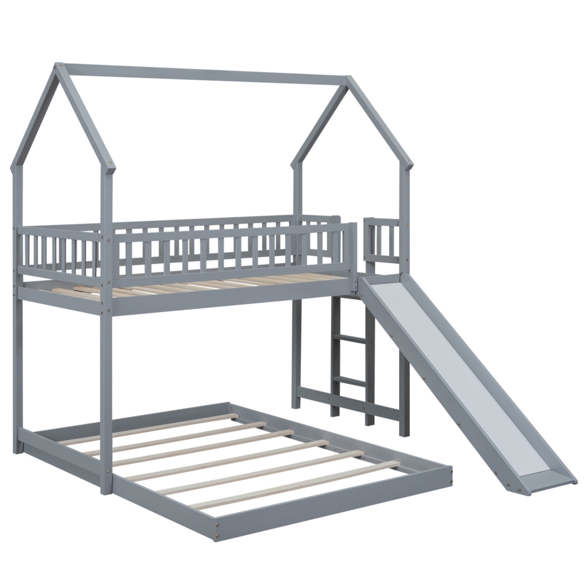 Simplie Fun Twin Over Full House Bunk Bed With Slide And Built-In Ladder, Full-Length Guardrail
