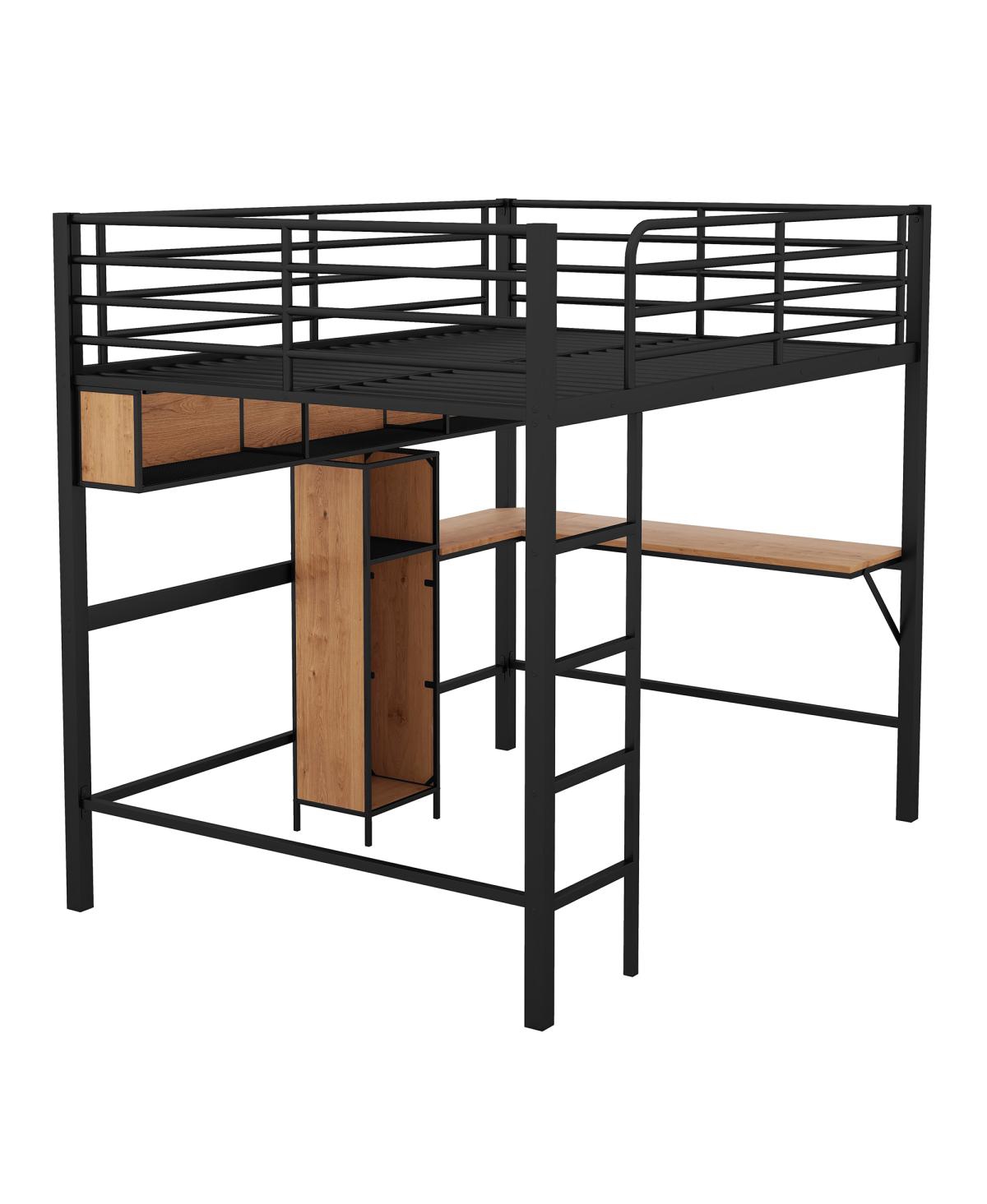Simplie Fun Full Size Metal & Wood Loft Bed With L - Shaped Desk And Shelves