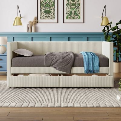 Streamdale Twin Size Corduroy Daybed With Two Drawers And Wood Slat