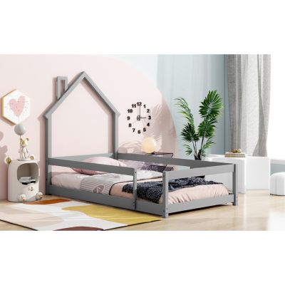 Streamdale Twin-Size Wood Floor Bed with House Headboard and Fences