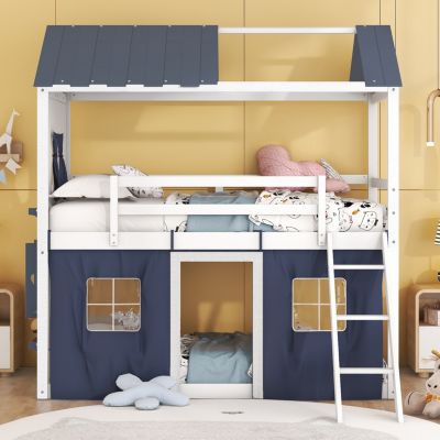 Streamdale Twin Size Bunk Wood House Bed With Elegant Windows, Sills And Tent