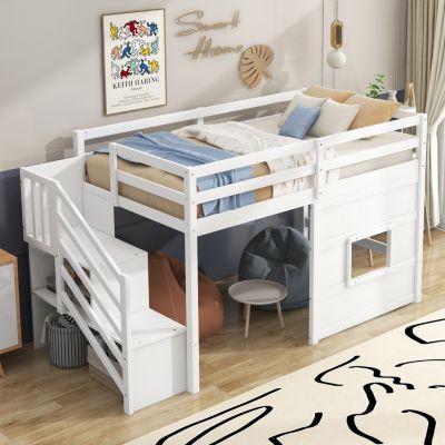 Twin Size Loft Bed With Storage Staircase And Window.