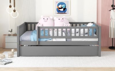 Streamdale Full Size Wood Daybed With Trundle And Fence Guardrails