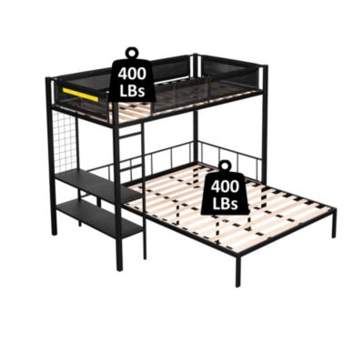 Metal Twin Over Full Bunk Bed with Shelves & Grid Panel