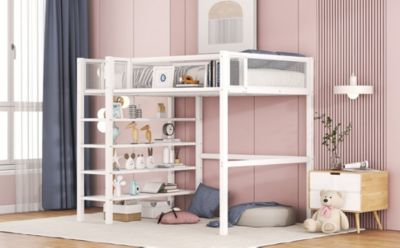 Streamdale Twin Size Metal Loft Bed With 4Tier Shelves And Storage, White