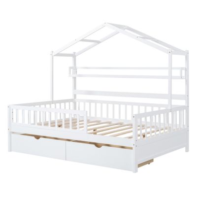 Streamdale Kids' White Wooden House Bed with Drawers and Shelf