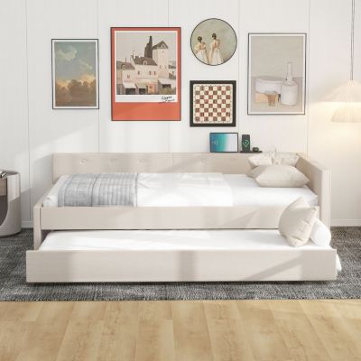 Full Size Upholstered Platform Bed With USB And Twin Size Trundle