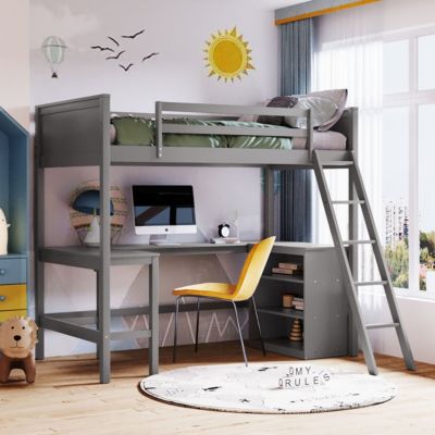 Streamdale Twin Size Loft Bed With Shelves And Desk, Wooden Loft Bed With Desk
