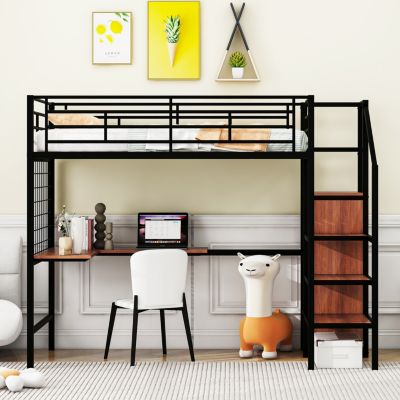 Streamdale Metal Loft Bed with Desk, Storage Ladder & Wardrobe