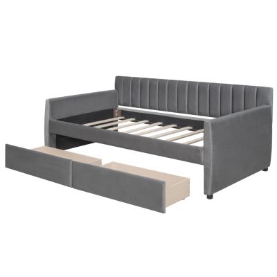 Twin Size Upholstered Daybed With Drawers, Wood Slat Support