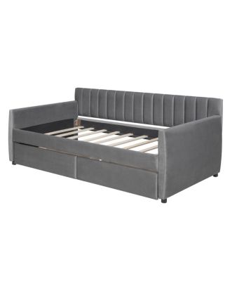 Twin Size Upholstered Daybed With Drawers, Wood Slat Support