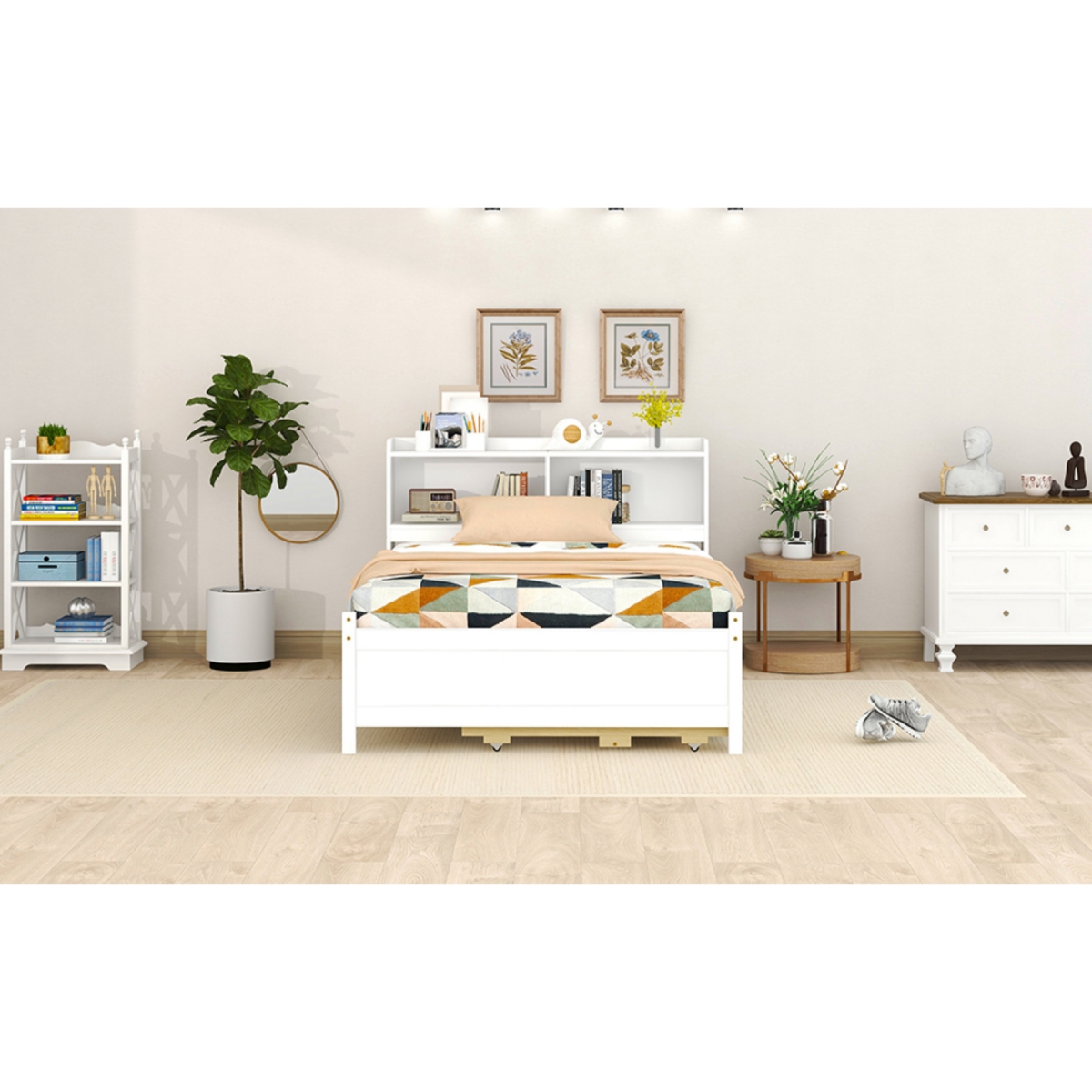 Streamdale Furniture Size Bed with Usb, Led Light, Bookcase Headboard, Trundle, Storage Drawers