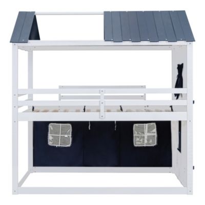 Streamdale Full Size Bunk Wood House Bed With Elegant Windows, Sills And Tent