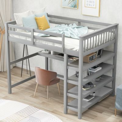 Streamdale Full Size Loft Bed With Storage Shelves And Under-Bed Desk