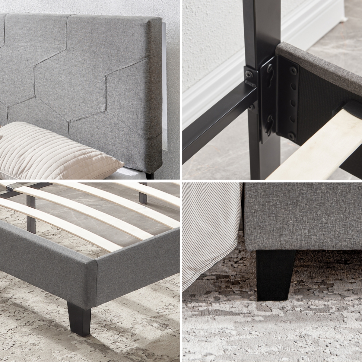 Streamdale Furniture Size Upholstered Platform Bed Frame, Wood Slat Support, Easy Assembly,- Grey
