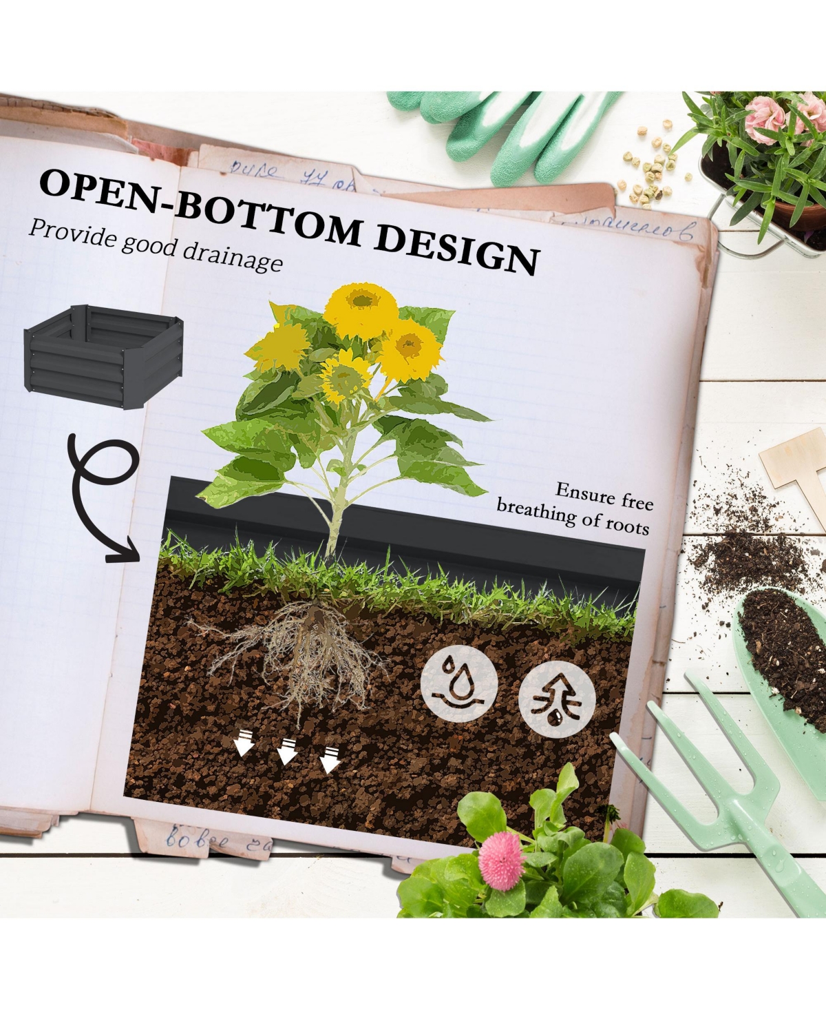 Streamdale Furniture Galvanized Steel 24" x 24" Raised Garden Planter with Tomato Trellis and Bottomless Design