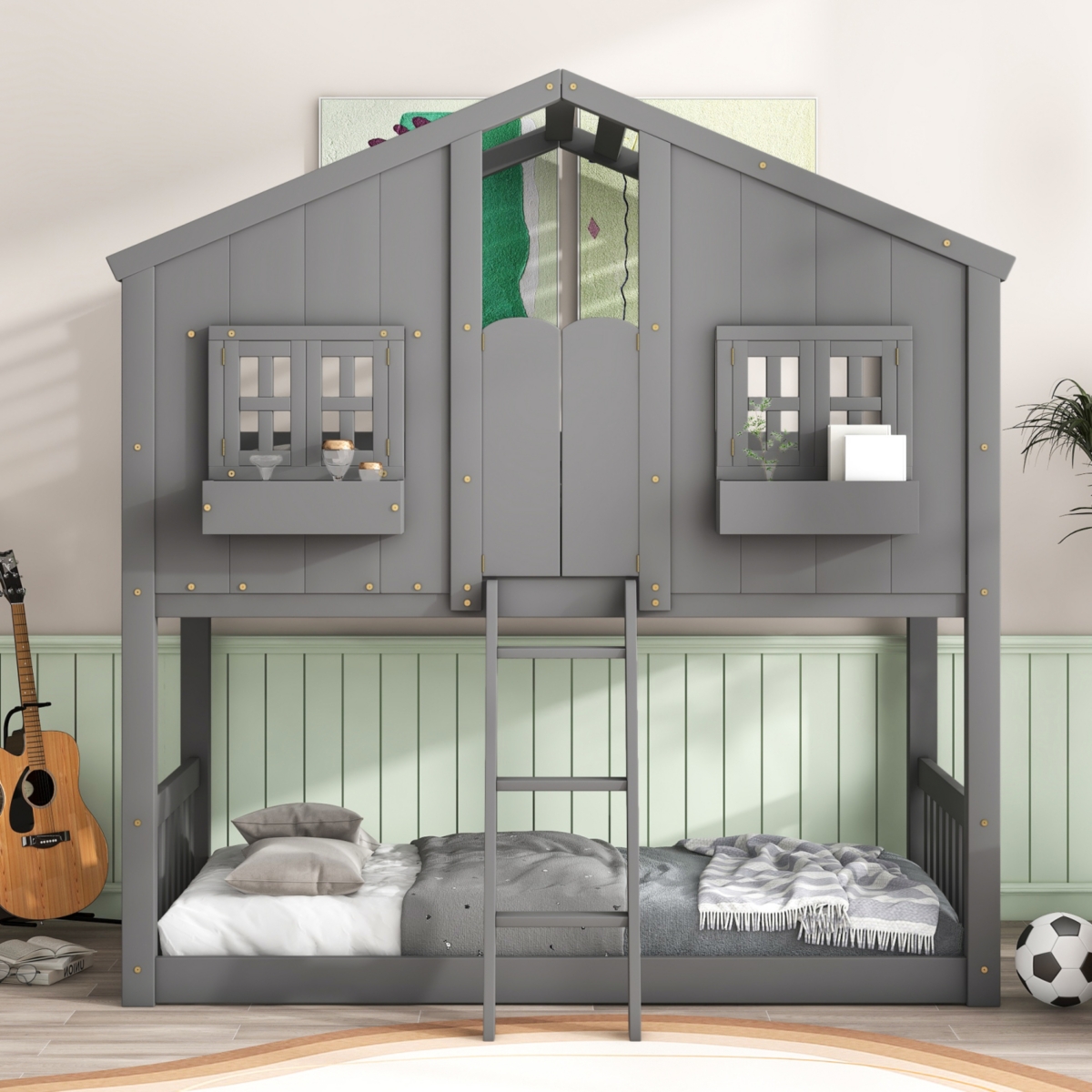 Streamdale Twin Bunk House Bed with Roof and Safety Rails