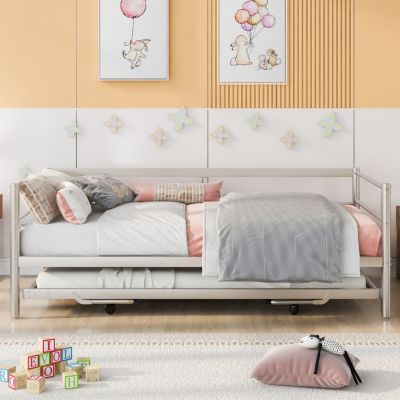 Streamdale Twin Size Metal Daybed With Adjustable Trundle, Pop Up Trundle, Silver