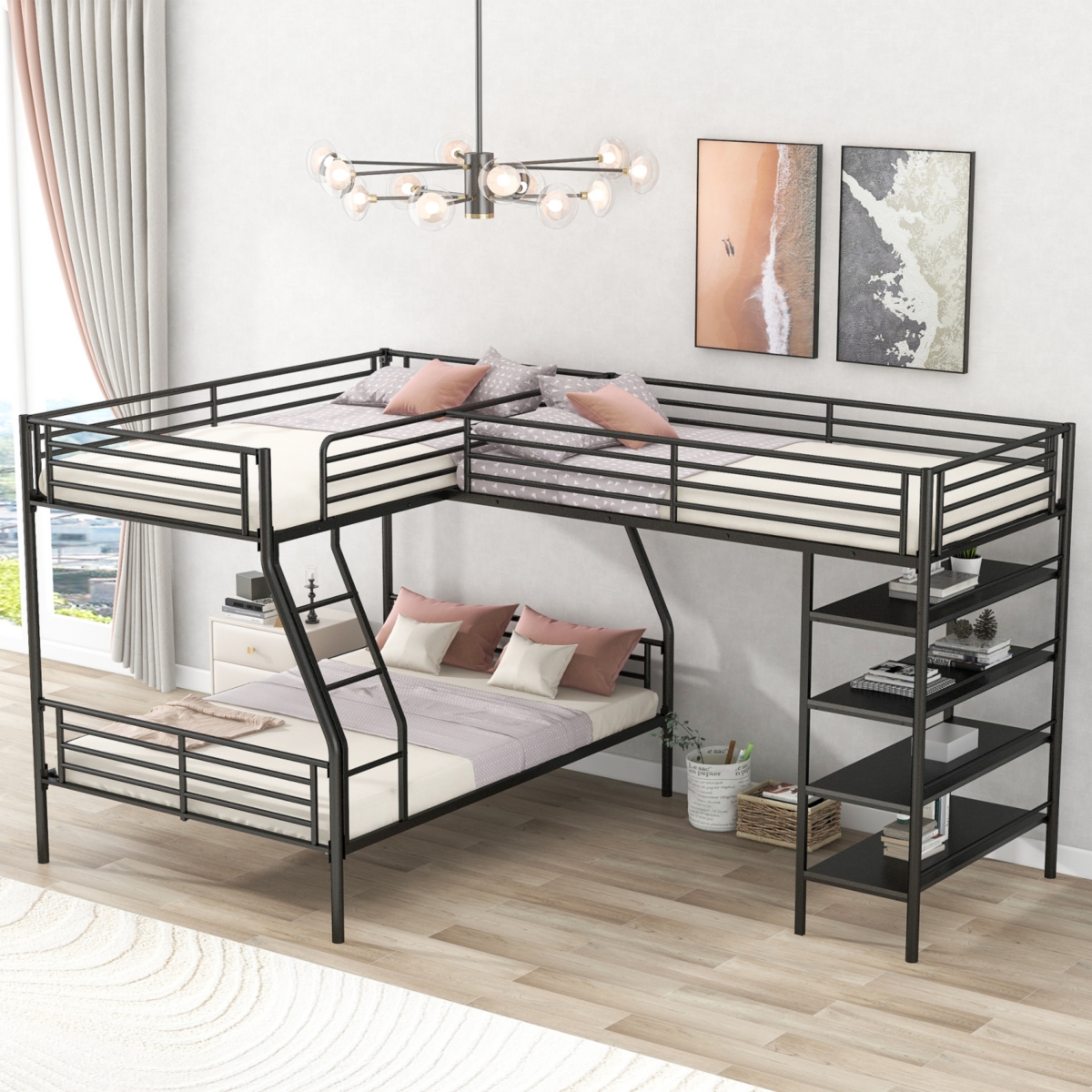 Simplie Fun L-Shaped Metal Twin Over Full Bunk Bed And Twin Size Loft Bed With Four Built-In Shelves