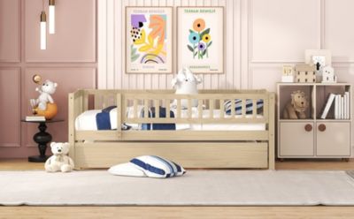 Streamdale Twin Size Wood Daybed With Trundle And Fence Guardrails