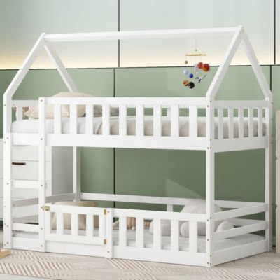 Streamdale Twin Over Twin House Bunk Bed With Fence And Door
