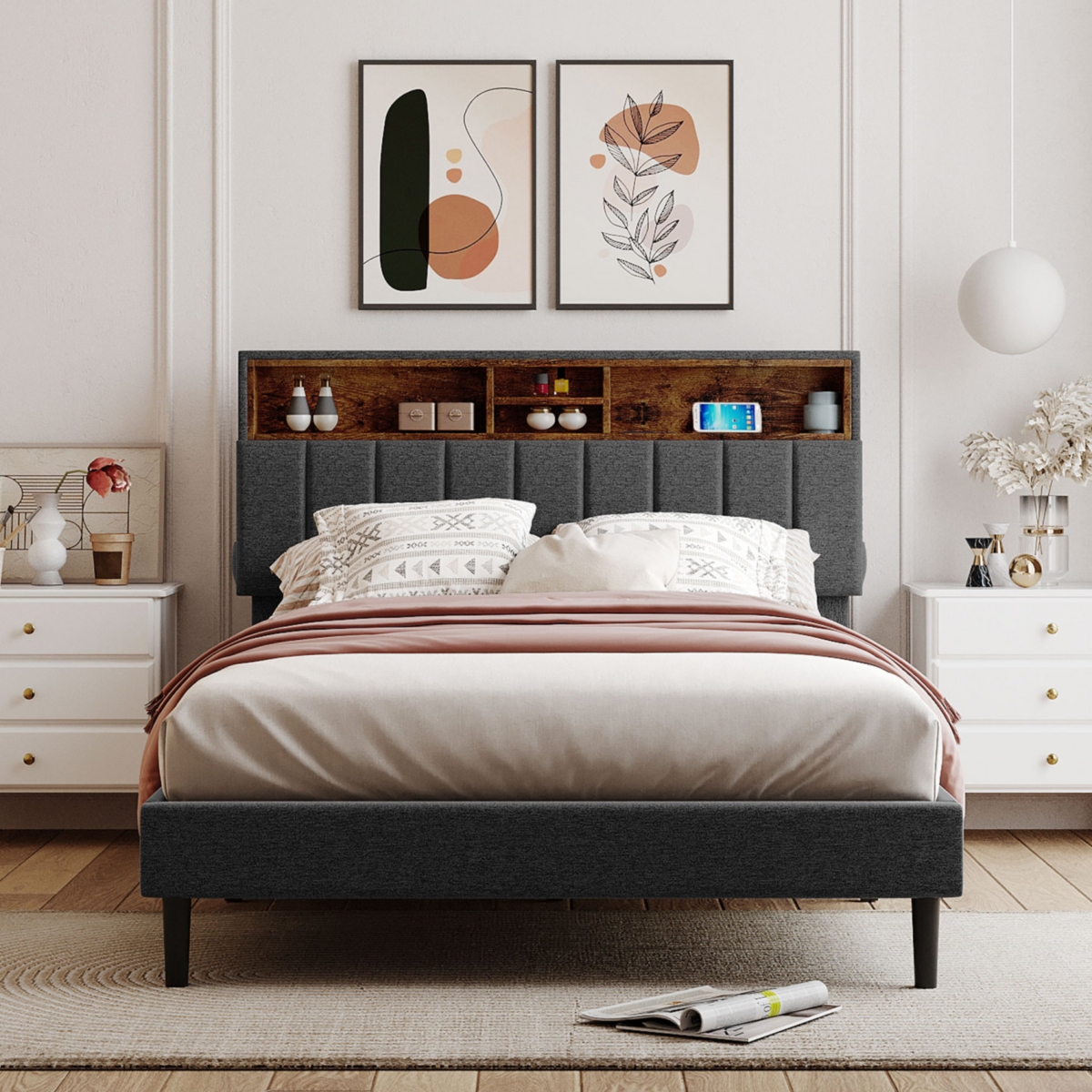 Streamdale Upholstered Platform Bed with Storage and Usb Port
