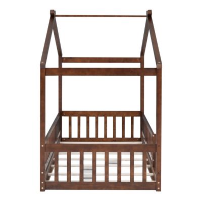 Streamdale Walnut Fence Bed House Frame for Kids and Teens