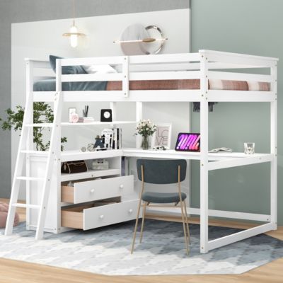 Streamdale Full Size Loft Bed With Desk And Shelves, Two Built-In Drawers