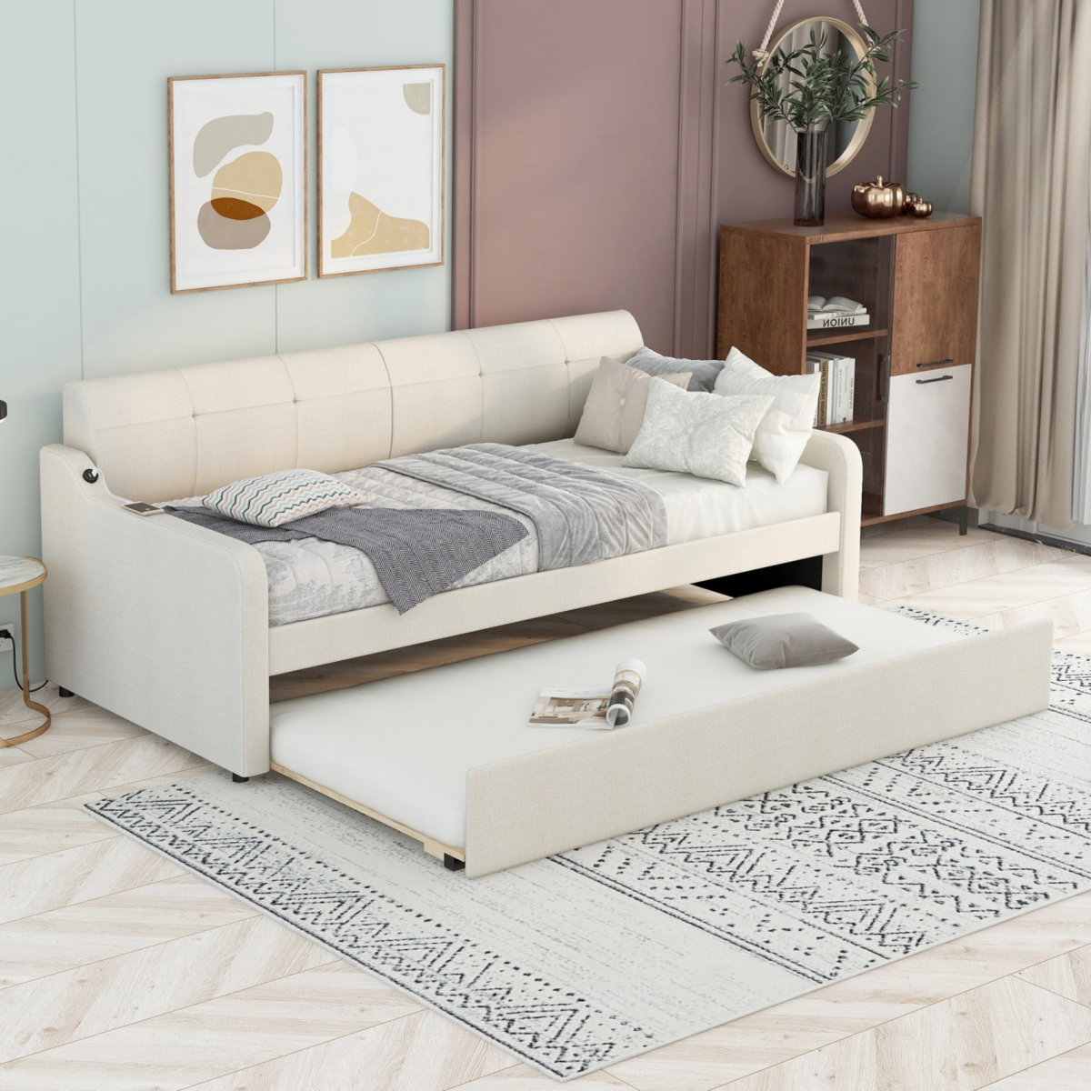 Streamdale Twin Upholstery Daybed with Trundle and Usb Charging