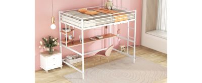 Set of 1 Full Metal Loft Bed With Desk And Shelves
