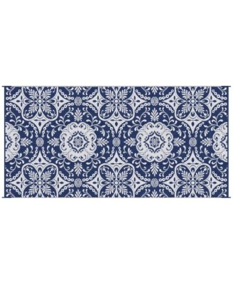 Reversible Outdoor Rug with Carry Bag 9' x 18' Blue & White Flower