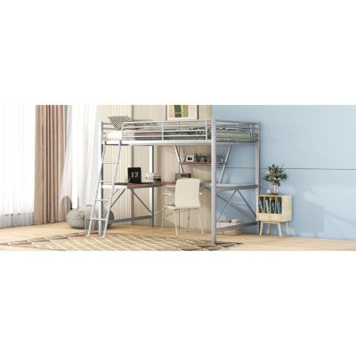 Full Size Loft Bed with Metal & MDF Frame, Desk and Shelf, Silver