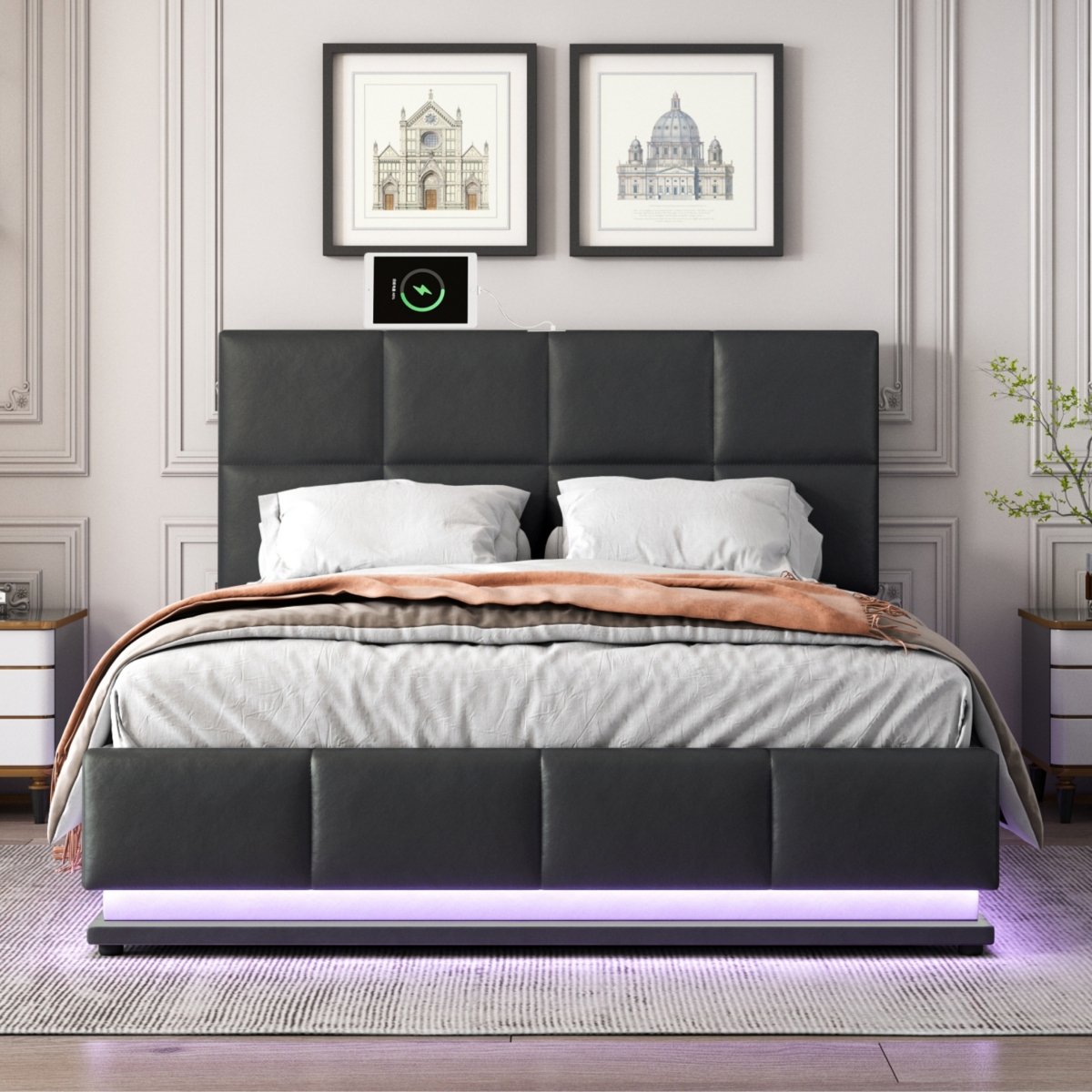 Streamdale Furniture Size Tufted Storage Bed with Led Lights & Usb Charger