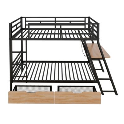 Full Size Metal Bunk Bed With Built-In Desk, Light And 2 Drawers