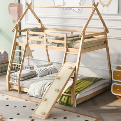Streamdale Twin Over Queen House Bunk Bed With Climbing Nets And Climbing Ramp