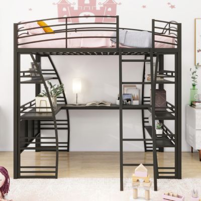 Streamdale Full Size Loft Bed with Shelves, L-Shaped Desk & Charging Ports