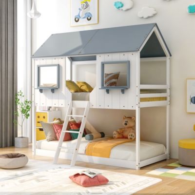 Bunk Bed with Roof, Window, and Guardrail - Twin