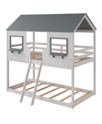 Bunk Bed with Roof, Window, and Guardrail - Twin