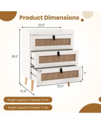 Modern End Table with 3 Rattan Decorated Drawers-White