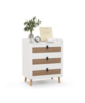 Modern End Table with 3 Rattan Decorated Drawers-White