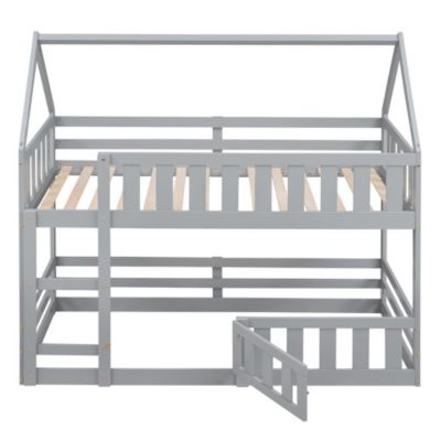 Twin Size  Pine Wood Over Twin House Bunk Bed With Fence And Door