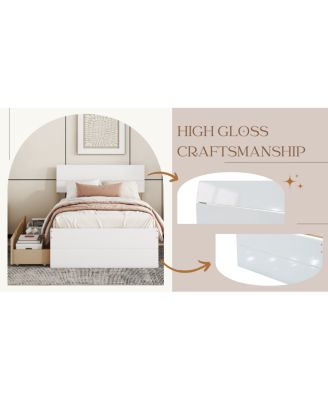 Modern Twin Bed Frame with High Gloss White and Oak Finish