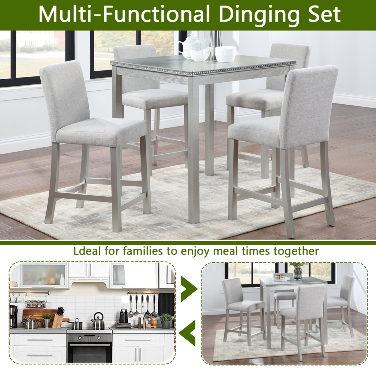 Streamdale Furniture Elegant Wooden 5-Piece Counter Height Dining Set with Upholstered Chairs